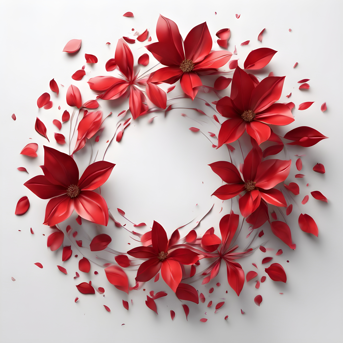 กลีบดอกไม้สีแดงหมุนเป็นวงกลม ภาพสมจริง ภาพประกอบกราฟิก รายละเอียดสูง พื้นหลังสตูดิโอสีขาว