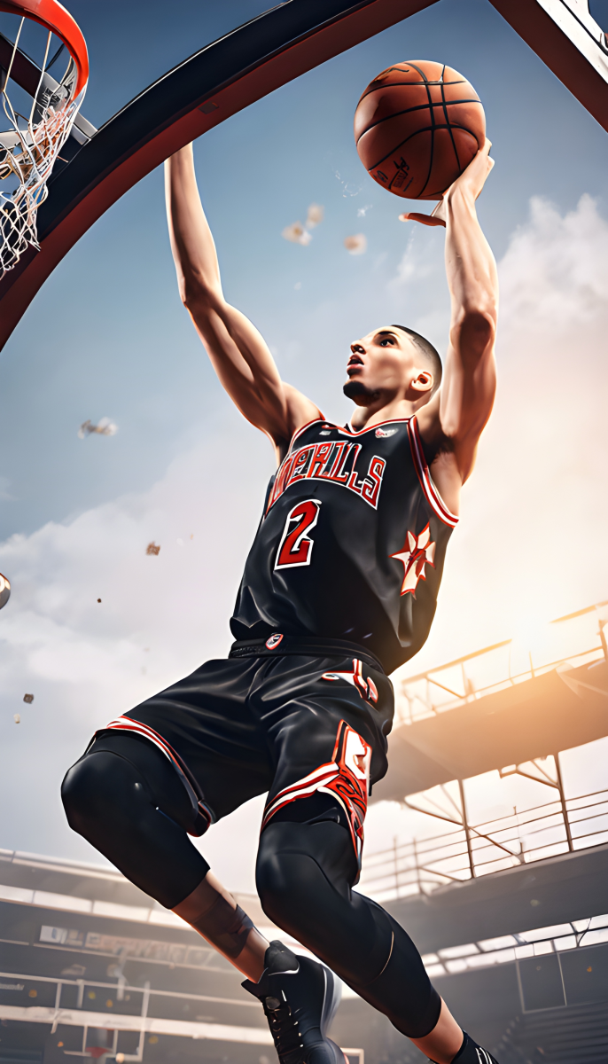 สร้างภาพ Zach LaVine กำลังดังค์ ด้วยเลนส์มาโคร ภาพคมชัดสูง เหงื่อหยด เห็นรายละเอียดชัด เหมือนจริงในเกม Unreal 4 และ 2K24 ขนาด 9:16