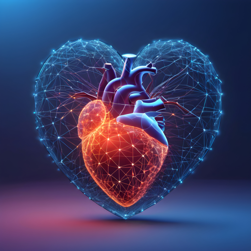 สร้างรูปหัวใจ low poly เรืองแสง ประกอบด้วยจุดและเส้นบนพื้นหลังสีน้ำเงิน ดีไซน์แบบ cardgirlsian สื่อถึงแนวคิดการแพทย์และการดูแลสุขภาพ เน้นโครงสร้างหัวใจที่เชื่อมต่อกันเป็นเครือข่าย