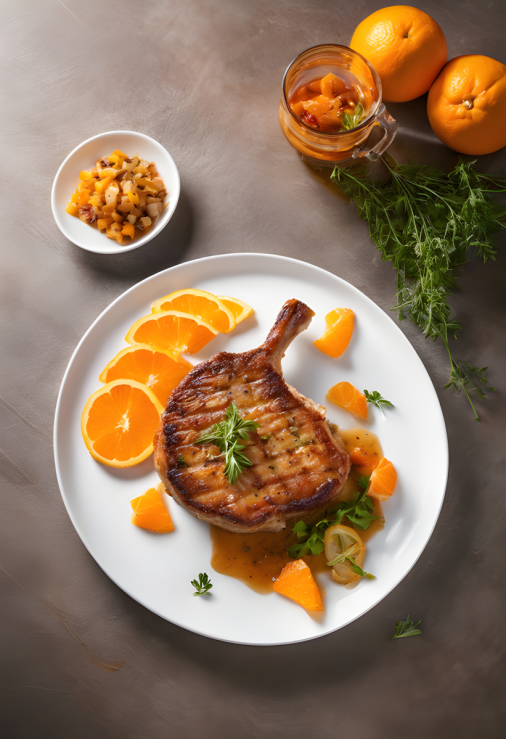 สร้างภาพ พอร์คชอปกับสลัดส้ม จัดจานสวยงาม การถ่ายภาพโฆษณาอาหาร องค์ประกอบที่น่าดึงดูด ความใส่ใจในรายละเอียด สไตล์ Glibatree กล้อง Canon EOS 5D MARK IV DSLR รูรับแสง f/8 ความเร็วชัตเตอร์ 1/125 วินาที ISO 100