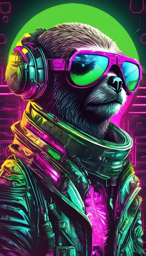 สร้างภาพposterหนังแนวSci-fi ที่มีตัวละครหลักเป็นสล็อธจักรกล หน้าโหด แบบยากูซ่าญี่ปุ่น สวมแว่นกันแดดสุดเท่ แอฟเฟ็กตระกานตา แบบartist style แสงนีออนเน้นสีมาเจนต้าและสีเขียวเป็นสีหลัก เครื่องจักรกล high quality —wh9:16
