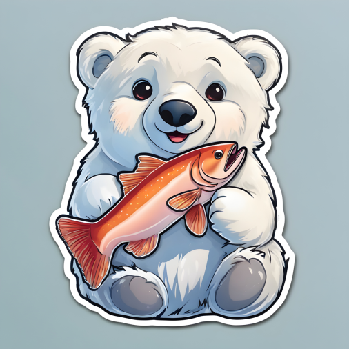 สร้างรูป สติ๊กเกอร์หมีขาวขั้วโลกคาบปลาแซลมอน สติ๊กเกอร์ไดคัท สุดน่ารัก