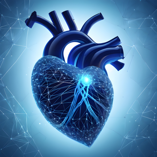 สร้างรูปหัวใจ low poly เรืองแสง ประกอบด้วยจุดและเส้นบนพื้นหลังสีน้ำเงิน ดีไซน์แบบ cardgirlsian สื่อถึงแนวคิดการแพทย์และการดูแลสุขภาพ เน้นโครงสร้างหัวใจที่เชื่อมต่อกันเป็นเครือข่าย