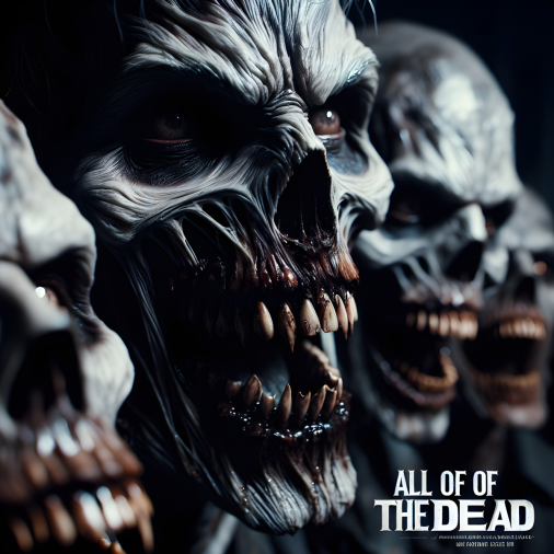 สร้างภาพ โปสเตอร์หนังซอมบี้ ภาพระยะใกล้ ซอมบี้กำลังตะเกียกตะกาย ยื่นมือมาข้างหน้า ฟันดำ ผิวบนใบหน้าคือเซลล์ที่ตายแล้ว ซอมบี้หลายตัว ทำท่าทางที่ต่างกัน ข้อความชื่อเรื่องเป็นตัวหนาและเป็นสีขาว "ALL OF THE DEAD" ภาพสมจริง การถ่ายภาพโปสเตอร์แบบมืออาชีพ ดูน่าสยดสยอง น่าขนลุก 4K