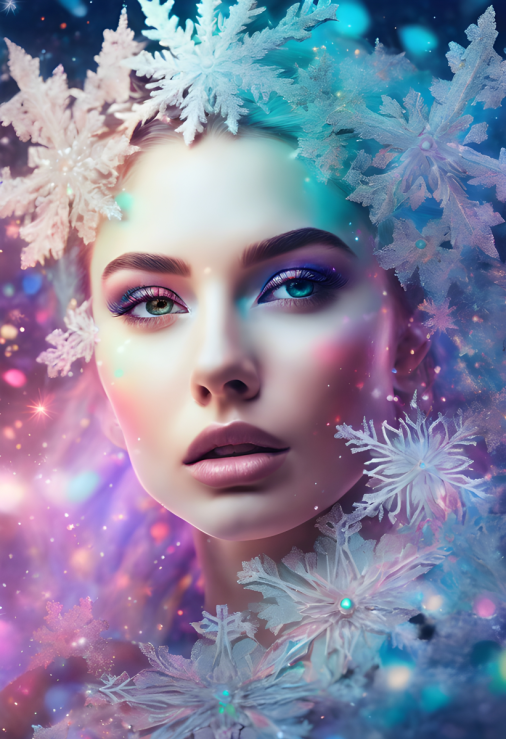 สร้างภาพ ผู้หญิงเหนือจินตนาการ ศิลปะพาสเทล, หน้าประดับด้วยกลิตเตอร์, F/22, แสงแฟลร์ของเลนส์, สีกลับด้าน, โหมดแสง, คอนทราสต์สูง, เทคนิคสี, 3D , Full-HD, RGB, แสงที่สวยงาม, เกล็ดหิมะ, มีรายละเอียดที่เหลือเชื่อและซับซ้อน ไฮเปอร์แม็กซิมาลิสต์ สง่างาม หรูหรา สมจริงเกินบรรยาย มีรายละเอียดขั้นสุดยอด