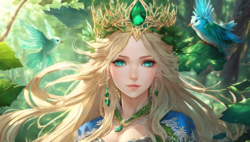 สร้าง ภาพเสมือนจริงแบบอนิเมะ เอลฟ์หญิงน่ารัก สไตล์ Keeper of the Lost Cities ผมบลอนด์ สวมชุดสีเขียว มีมงกุฎ ขนาด 16:9