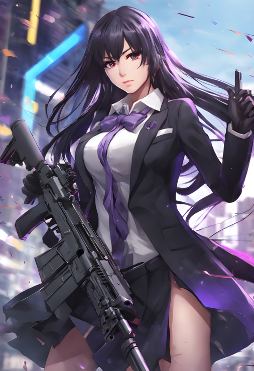 สร้างภาพ ในรูปแบบอะนิเมะ หญิงอายุ 22 ปี ชุดนักธุรกิจ ผมสีดำยาว ดวงตาสีม่วง ดวงตาของเธอดูสดใสและฉลาด เธอสวมชุดสีดำทั้งหมด ถือปืน FGC-9 สูงระดับเอวทั้งสองมือ แฟนตาซี