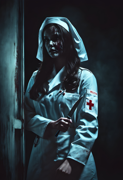 สร้างภาพ โปสเตอร์ภาพยนตร์ แนวสยองขวัญ โดยมีเงาผีผู้หญิงใส่ชุดพยาบาลหน้าตาดูวิปลาศ ถือมีด ดูน่าขนลุก สยดสยอง ภาพสมจริง การถ่ายภาพโปสเตอร์แบบมืออาชีพ ดูน่าสยดสยอง น่าขนลุก 4K