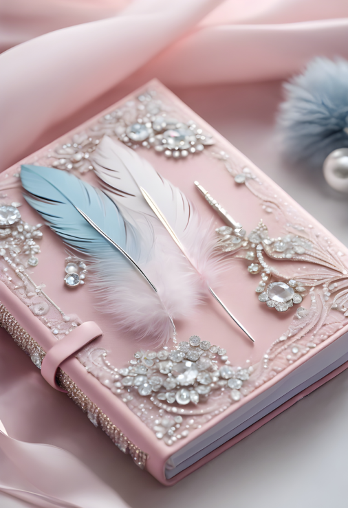 สร้างภาพสมุดแพลนเนอร์สีชมพู ประดับเพชรระยิบระยับ วางบนผ้าลูกไม้สีชมพู ปากกาขนนกสีหวานวางข้างๆ เพชรสะท้อนแสงสีฟ้าอ่อน มีคริสตัลสีขาวเล็กๆ เพิ่มมิติภาพ โทนภาพสวยงามหรูหรา