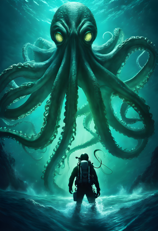 สร้างภาพ โปสเตอร์สำหรับหนังเรื่อง "Mysterious creatures under the sea" ปลาหมึกยักษ์ใต้ทะเล ดูดุดัน เป็นหนังแนวไซไฟ ในสไตล์ของ 47 Meters Down โปสเตอร์มืออาชีพ สมจริง