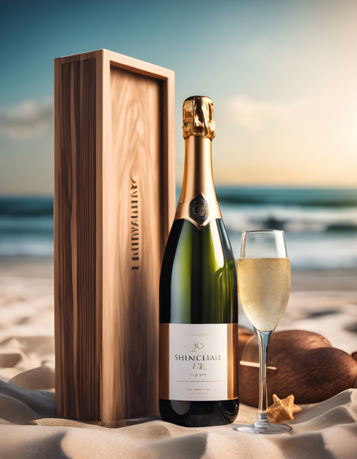 สร้างภาพ ภาพถ่ายระยะใกล้ โดยมีขวดไวน์ที่มีดีไซน์สวย ดูหรูหรา รูปทรงของขวดเป็นแบบ sparkling อยู่ในกล่องไม้หรูหรา เหมาะสำหรับมอบเป็นของขวัญ วางอยู่ที่ชายหาด สไตล์ภาพถ่าย ภาพถ่ายที่มีความละเอียดสูง เทคนิคการจัดแสงแบบมืออาชีพ ภาพฟิลเตอร์ภาพยนตร์ สมจริง