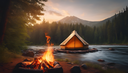 สร้างภาพ ภาพถ่ายเตนท์กลางป่า มีกองไฟ แม่น้ำ ท่ามกลางธรรมชาติที่สมจริงมาก
