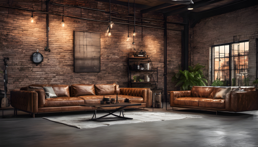 ภาพถ่ายการตกแต่งภายในสไตล์อินดัสเทรียลสมัยใหม่สุดสวยด้วยโซฟาหนัง