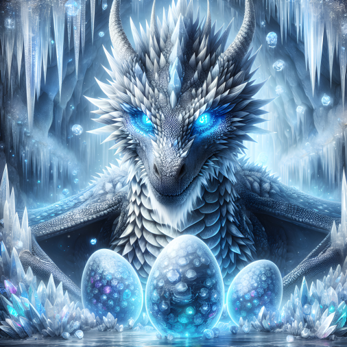 สร้างภาพ โปสเตอร์ภาพยนตร์อนิเมชัน มังกรน้ำแข็ง หน้ามังกรที่ดูน่าเกรงขาม ท่าทางอันทรงพลัง กำลังจ้องมองไข่มังกรที่วางอยู่3ใบ ดวงอาทิตย์ที่กำลังตกทอดแสงสีทองเหนือฉาก ใช้แสงแบบไดนามิกเพื่อเน้นพื้นผิว เหนือจินตนาการ ความสมดุลของภาพ wh 9-16