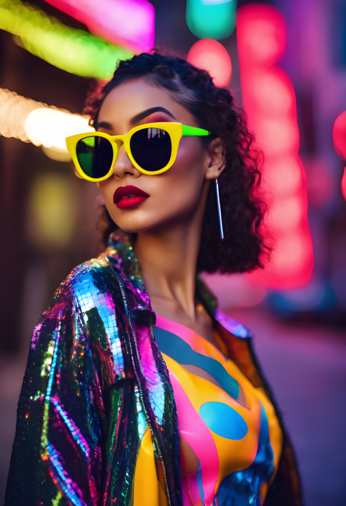 สร้างภาพ ผู้หญิงใส่แว่นกันแดด สีสันแบบบล็อกสีนีออน พร้อมอายไลเนอร์สีนีออนชั้นสูง ลิปสติกเป็นกลิตเตอร์ และมาสคาร่าเป็นกลิตเตอร์ ภาพถ่ายแคนดิด การถ่ายภาพแฟชั่นสมัยนิยม โดยสวมชุด โอตกูตูร์สุดแหวกแนวสไตล์บาร์บี้สไตล์เมืองยุค 80 1