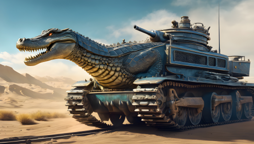 สร้างภาพ จระเข้เป็นหัวรถถังของทหารในรูปแบบเซอร์เรียล สมจริง