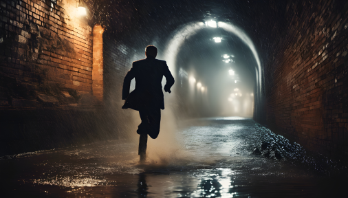 สร้างภาพชายสวมสูท วิ่งฝ่าอุโมงท่อระบายน้ำ อิฐสีเข้ม ท่ามกลางบรรยากาศมืดหม่น