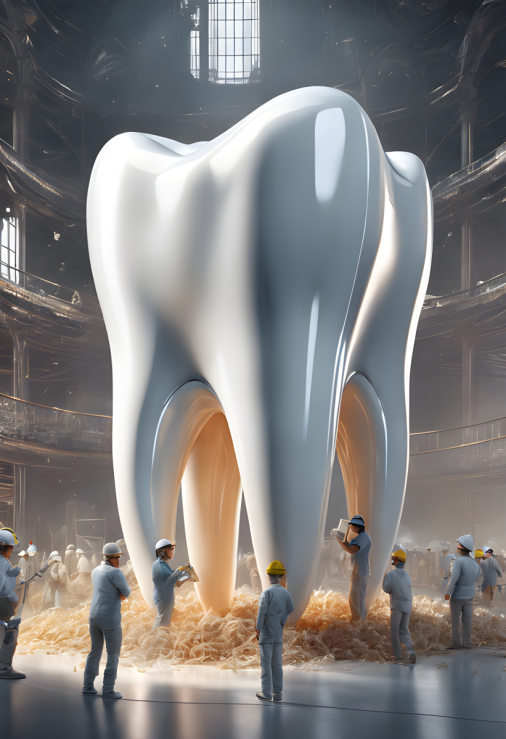 สร้างฟันขนาดยักษ์โดยมีคนงานมนุษย์ตัวเล็ก ๆ ทำงานบนฟัน 3D ที่สมจริงเป็นพิเศษ พื้นหลังสีขาวที่มีรายละเอียดเป็นพิเศษ