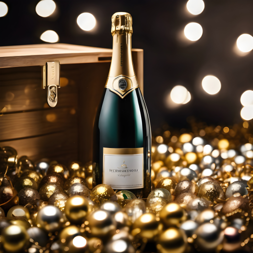 สร้างภาพ ภาพถ่ายระยะใกล้ โดยมีขวดไวน์ที่มีดีไซน์สวย ดูหรูหรา รูปทรงของขวดเป็นแบบ sparkling อยู่ในกล่องไม้หรูหรา เหมาะสำหรับมอบเป็นของขวัญ วางอยู่ข้างๆ มีลูกบอลสีทองและลูกบอลสีเงินเป็นส่วนประกอบ สไตล์ภาพถ่าย