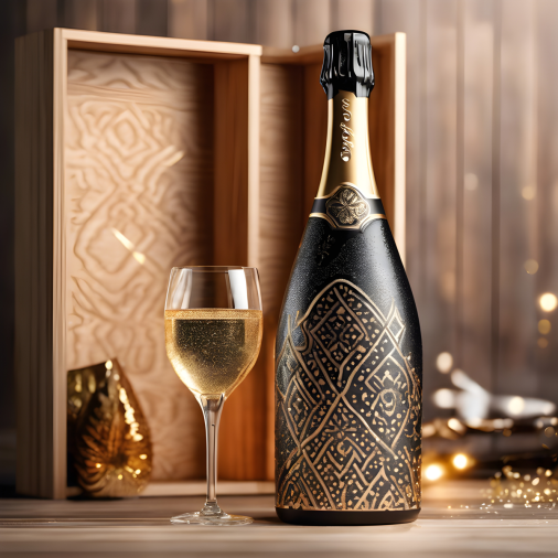 สร้างภาพ ขวดไวน์ที่มีดีไซน์สวย ดูหรูหรา รูปทรงของขวดเป็นแบบ sparkling อยู่ในกล่องไม้หรูหรา เหมาะสำหรับมอบเป็นของขวัญ สไตล์ภาพถ่าย ภาพถ่ายที่มีความละเอียดสูง สมจริง
