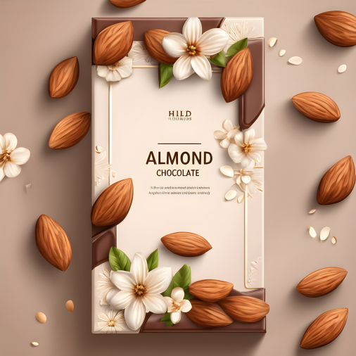 สร้างภาพ การออกแบบบรรจุภัณฑ์ของกล่องช็อคโกแลต พร้อมภาพประกอบโดยมีเม็ดอัลมอนด์ ดอกไม้ สีของกล่องเป็นสีน้ำตาลอ่อน เวกเตอร์ สี่เหลี่ยม โดยมีจอแสดงผลด้านหน้าและพื้นหลังทึบ