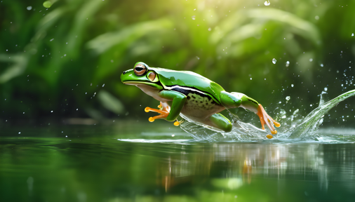 สร้างภาพ กบโดดลงแอ่งน้ำ ถ่ายแบบสโลว์โมชั่นเห็นน้ำกระจายสวยงาม