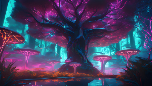 สร้างภาพสวนรุกขชาติแห่งอนาคตเข้ากับองค์ประกอบนีออนที่มีชีวิตชีวา