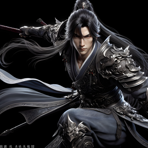 สร้างภาพ การออกแบบตัวละครเกมการ์ตูน ผู้ชายจีนโบราณผมยาวสวมชุด Hanfu ดูดุดัน ตัวละคร ทั้งตัว สไตล์พิกซาร์ การเรนเดอร์ 3 มิติ ความละเอียดสูงพิเศษ 8K ตัวละคร 3 มิติ พื้นหลังสีดำ