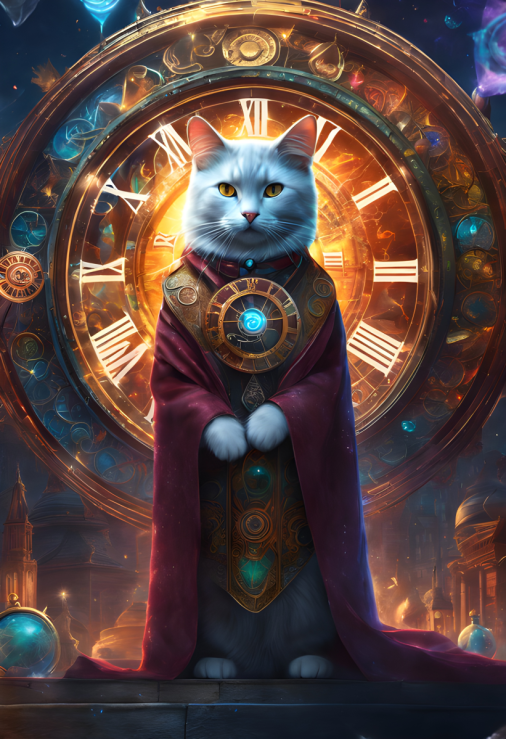 สร้างภาพ ภาพโปสเตอร์โฆษณาภาพยนตร์ มีกงล้อเวลา เวทย์มนต์ นาฬิกาโบราณ นาฬิกามากมายหลากหลายแบบ มีแมวใส่ชุดคลุม แบบ doctor strange เป็นตัวเด่นของโปสเตอร์ เหนือจินตนาการ แฟนตาซี โปสเตอร์น่าดึงดูด สื่อถึงอารมณ์ของภาพยนตร์ สไตล์เดียวกับ doctor strange สมจริง