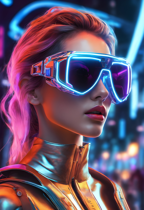 สร้างภาพ คนใส่แว่นกันแดด แว่นแบบใส มีการออกแบบล้ำยุค ล้ำสมัย โดดเด่นด้วยรายละเอียดสีนีออน ไซเบอร์เนติกส์สวมแว่นกันแดด ความสวยงามแห่งอนาคต สมจริง เหมือนคนจริงสุด