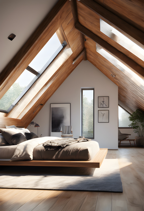 สร้างภาพ การออกแบบภายใน, ห้องนอนใต้หลังคา, หลังคาลาดเอียง 45 องศา, ทันสมัย, ไฟสปอร์ตไลท์แบบฝัง, สมจริง