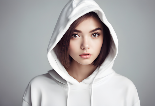 สร้างภาพ ภาพถ่ายหญิงสาว, อายุ 18 ปี, ในสตูดิโอ, หน้าตาน่ารัก, ตาโต, ผมตรงสั้น, ภาพนิตยสารคุณภาพ, ถ่ายแฟชั่น, ใส่ชุดเสื้อฮู้ดสีขาว, โทนสีของภาพแบบ High Key, ภาพสมจริง, เหมือนคนจริง1