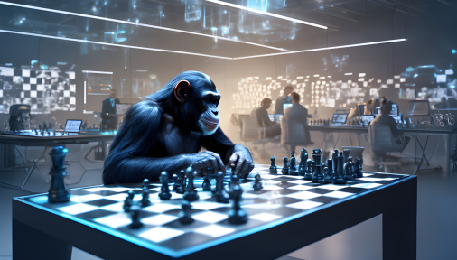 สร้างภาพลิงชิมแปนซีกำลังเล่นเกมกลยุทธ์บนกระดานหมากรุกโฮโลแกรม โดยมีนักวิจัยด้านประสาทวิทยาศาสตร์กำลังจดบันทึกบนแท็บเล็ตดิจิทัลอยู่รอบๆ