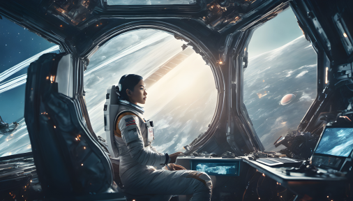สร้างภาพนักบินอวกาศหญิงชาวเอเชีย บังคับยานอวกาศขนาดเล็ก โดยมีวิศวกรสองคนนั่งอยู่ด้านหลัง เบื้องหน้าเป็นหน้าต่างบานใหญ่ที่มองเห็นแขนกลกำลังเก็บสะเก็ดดาว และดาวเสาร์อยู่ไกลๆ ฉากแบบ Sci-fi ผสมผสานกลิ่นอายภาพวาดคลาสสิก แสงเงาแบบภาพยนตร์โทนเย็น ให้อารมณ์สมจริง คมชัด ขนาด 16:9