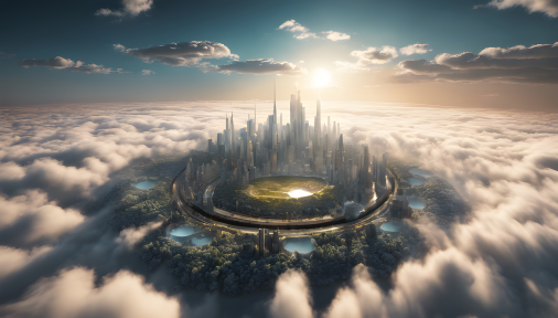 สร้างภาพทิวทัศน์แฟร็กทัล 3 มิติ มีเมฆและดวงอาทิตย์แบบ 3 มิติ พร้อมโครงสร้างเมือง 3 มิติ ขนาด 16:9