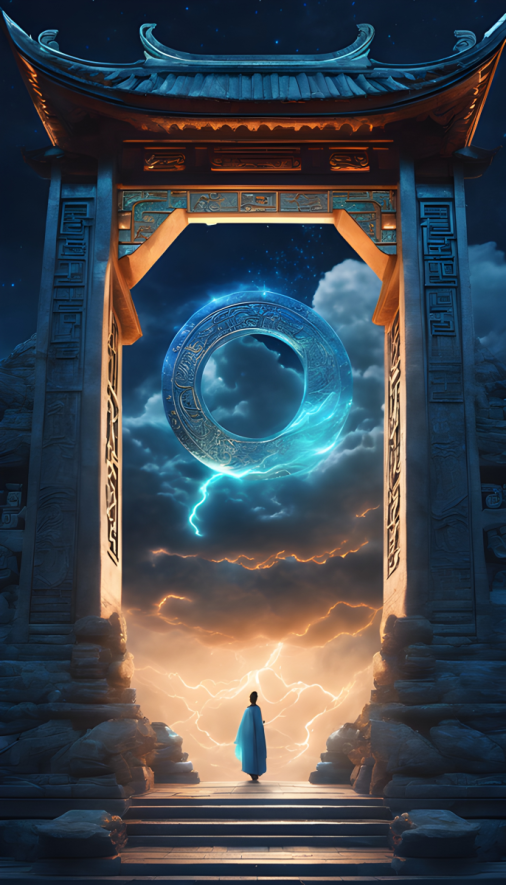 สร้างภาพซุ้มประตูหินจีนโบราณขนาดใหญ่มีวงแสงเวทย์มนตร์สายฟ้าว่างอยู่ภายในทั่วทั้งประตู วิวยามค่ำคืน ท้องฟ้ามืดครึ้ม สไตล์แฟนตาซี ขนาด 9:16