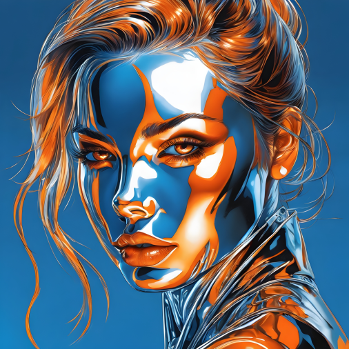 ภาพศีรษะของผู้หญิงโครเมียม พื้นหลังสีน้ำเงิน ภาพสะท้อนสีส้ม ในรูปแบบของโซรายามะ