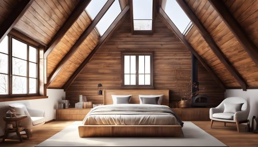 สร้างภาพ ออกแบบห้องนอนหลังคาลาด สิ่งปลูกสร้างเป็นไม้ อบอุ่นและสะดวกสบาย มีไฟ เตาผิง หลังคาลาดเอียง ไฟสปอร์ตไลท์แบบฝัง เตียงสีขาว เก้าอี้พักผ่อน และโครมาโทกราฟีแบบแสง สไตล์โมเดิร์น แบบตะวันตก สมจริง