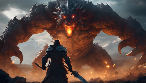 สร้างภาพนักรบที่กำลังจ้องมองบอสตัวสุดท้ายขนาดยักษ์