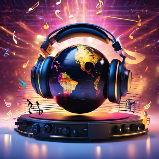 สร้างรูป ลูกโลกสวมหูฟัง เป็น DJ มีโน๊ตดนตรีลอยรอบๆ พร้อมอุปกรณ์ดีเจ เช่น มิกเซอร์และแผ่นเสียง