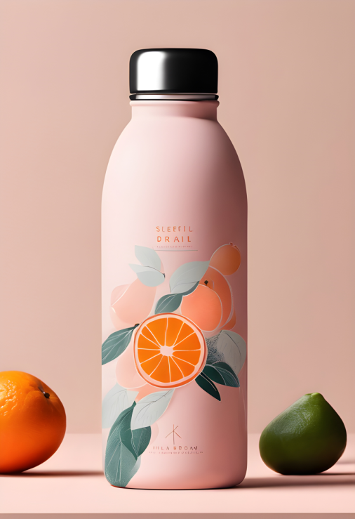 สร้างภาพ ขวดเครื่องดื่ม, ดีไซน์ทันสมัย, มินิมอล, สีชมพูพาสเทล, มีส้มเป็นภาพประกอบ, ลายแบบมินิมอล, ผิววัสดุด้าน, ขวดทำจากวัสดุรีไซเคิลที่เป็นมิตรกับสิ่งแวดล้อม, รูปทรงเรียบง่ายแต่หรูหรา, ถือและพกพาสะดวก, ฉลากแสดงชื่อผลิตภัณฑ์ 'Health'