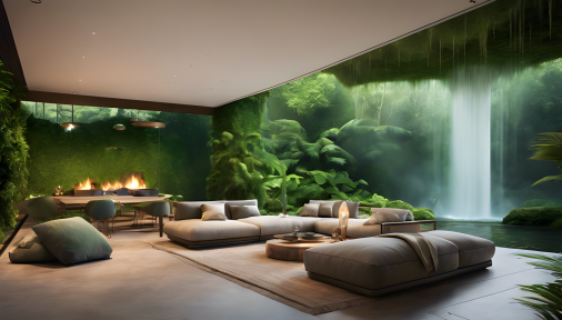 สร้างภาพ ห้องนั่งเล่นทันสมัย แบบoutdoor พร้อมมีวิวป่าฝน มีเตาผิง ที่มุมหนึ่งและมีเก้าอี้โซฟาอยู่รอบๆ มอสสีเขียวบนผนังและน้ำตกที่ตกลงมาจากท้องฟ้าสร้างสไตล์ภาพยนตร์