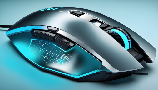 สร้างภาพเมาส์เล่นเกมดีไซน์ล้ำๆ สไตล์หุ่นยนต์สีเงินเมทัลลิกบนพื้นหลังสีฟ้าอมเขียว พร้อมแสงสตูดิโอในสไตล์การถ่ายภาพสินค้าเหนือจริง