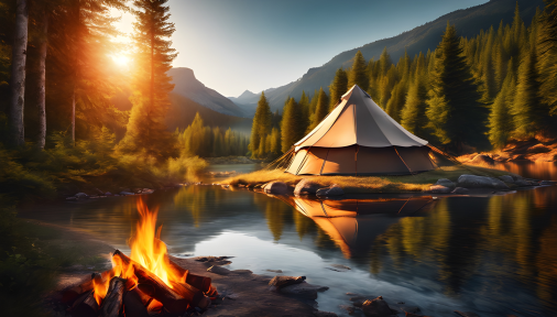 สร้างภาพ ภาพถ่ายเตนท์กลางป่า มีกองไฟ แม่น้ำ ท่ามกลางธรรมชาติที่สมจริงมาก