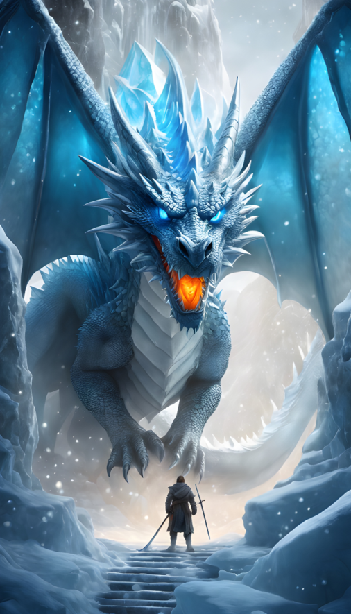 สร้างภาพ โปสเตอร์ภาพยนตร์อนิเมชัน มังกรน้ำแข็ง หน้ามังกรที่ดูน่าเกรงขาม ท่าทางอันทรงพลัง กำลังจ้องมองไข่มังกรที่วางอยู่3ใบ ดวงอาทิตย์ที่กำลังตกทอดแสงสีทองเหนือฉาก ใช้แสงแบบไดนามิกเพื่อเน้นพื้นผิว เหนือจินตนาการ ความสมดุลของภาพ wh 9-16