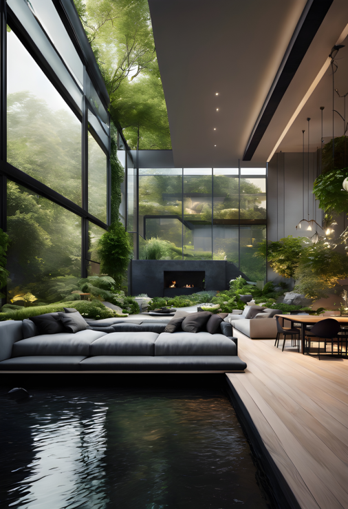 สร้างภาพ ห้องนั่งเล่นที่ติดสวน, ไฟสปอร์ตไลท์แบบฝัง, มีหน้าต่างกระจกรอบห้องนั่งเล่น ภายนอกมีน้ำตกและบ่อน้ำที่มีหินก้อนใหญ่สีดำ สไตล์ลอฟผสมไม้