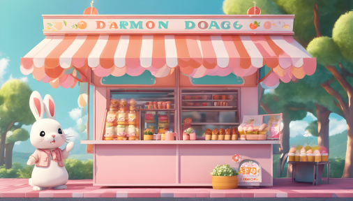 สร้างภาพถ่ายนำเสนอตู้ต้นแบบและมาสคอตกระต่ายขาวน่ารักสไตล์ญี่ปุ่น โต๊ะคีออสแบบพกพาของคอร์นด็อก