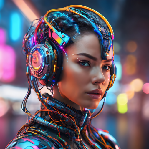 สร้างภาพ หัวหน้าแห่งอนาคตของผู้หญิงที่มีไซบอร์กเต็ม, ไซเบอร์พังค์, ประหลาด, มีชีวิตชีวา, ฉูดฉาด, ทันสมัย, สีสันสดใส, เหมือนจริง, มีรายละเอียดสูง, สมจริงสุด ๆ, ลืมตา ถ่ายด้วยเลนส์ 50 มม ภาพหุ่นยนต์ถ่ายโดยเปิดรับแสงแคบ หัวมีสายเคเบิลและสายไฟจำนวนมาก หัวหุ่นยนต์มีโครงสร้างที่ซับซ้อน มีการทาสีหลายสี พื้นหลังเรียบง่าย