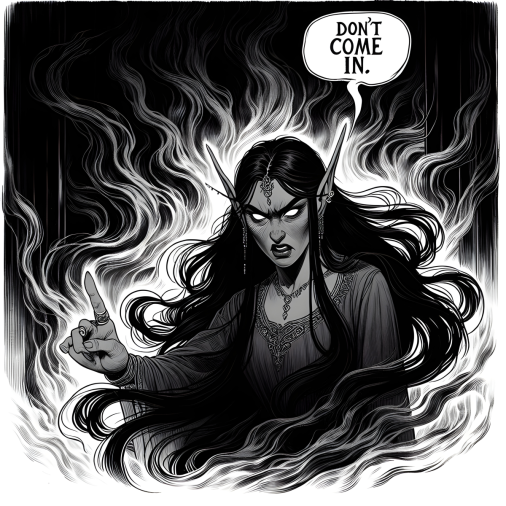 สร้างภาพ มังงะที่มีสาวเอลฟ์ผมยาว สีหน้าเข้มขึง โกรธ ด้วยภาพลายเส้นขาวดำพร้อมกรอบคำพูดที่พูดว่า "Don't come in!"