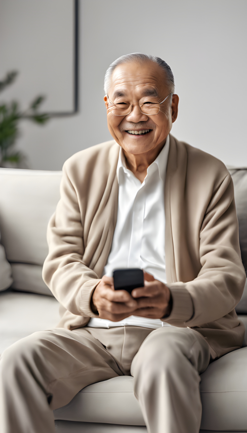 สร้างภาพถ่ายคุณตาชาวจีนใจดี นั่งยิ้มบนโซฟาสีขาวสะอาดตาในห้องนั่งเล่นโมเดิร์น แสงจากหน้าจอมือถือส่องกระทบใบหน้า พร็อพน้อย เน้นความเรียบง่าย ถ่ายด้วยกล้องดิจิตอล เลนส์ Wide รูรับแสง f/2.8 ขนาด 9:16